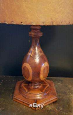 Mid Century Modern One Of A Kind Wood Marquetry Lamp With Fiberglass Shade