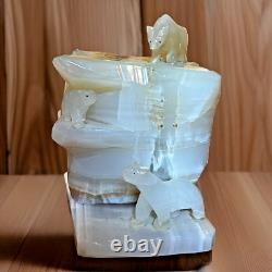 ONE OF A KIND! Carved Onyx Polar Bears & Iceberg Vintage Lamp HEAVY! Ja
