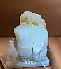 ONE OF A KIND! Carved Onyx Polar Bears & Iceberg Vintage Lamp HEAVY! Ja