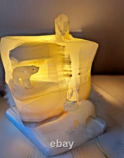 ONE OF A KIND! Carved Onyx Polar Bears & Iceberg Vintage Lamp HEAVY! Ja