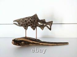 ONE OF A KIND! Hand Carved PETOSKEY STONE BROOK TROUT Driftwood Art Polished