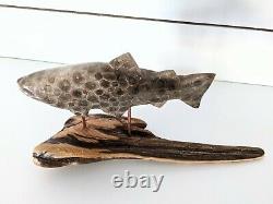 ONE OF A KIND! Hand Carved PETOSKEY STONE BROOK TROUT Driftwood Art Polished