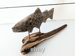 ONE OF A KIND! Hand Carved PETOSKEY STONE BROOK TROUT Driftwood Art Polished