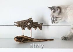 ONE OF A KIND! Hand Carved PETOSKEY STONE BROOK TROUT Driftwood Art Polished