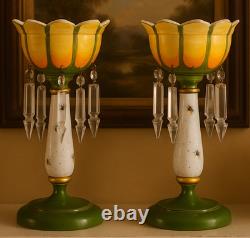 ONE OF A KIND PAIR OF VICTORIAN H/P BUMBLE BEE FIGURAL LUSTER VASES w PRISMS