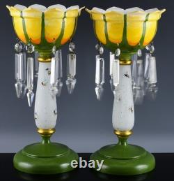 ONE OF A KIND PAIR OF VICTORIAN H/P BUMBLE BEE FIGURAL LUSTER VASES w PRISMS