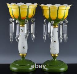 ONE OF A KIND PAIR OF VICTORIAN H/P BUMBLE BEE FIGURAL LUSTER VASES w PRISMS