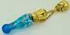 One Of A Kind Victorian Blue Glass Poison Bottle. Gold Plated Skull Cap C1860's
