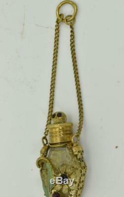 ONE OF A KIND Victorian poison Skull bottle&chain. Gild silver filigree&Garnets