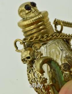 ONE OF A KIND Victorian poison Skull bottle&chain. Gild silver filigree&Garnets