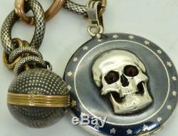 ONE OF A KIND WWII MEMENTO MORI SKULL silver, gold&niello pocket watch locket fob