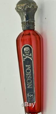 ONE OF A KIND antique Victorian Cranberry Red crystal&silver Poison bottle c1850