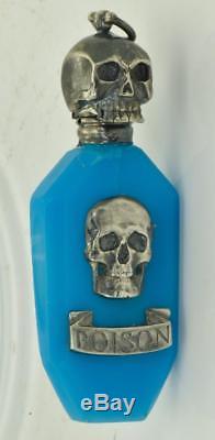 ONE OF A KIND antique Victorian Electric Blue glass&silver Skull Poison bottle