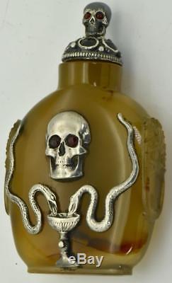 ONE OF A KIND important Victorian poison Skull&Snakes hand carved Agate bottle