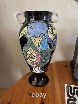 One Of A Kind Art Deco Helen Slater Zager Ceramic Vase, Brightly Colored Birds