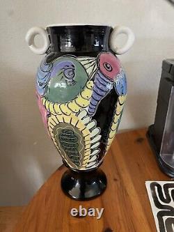 One Of A Kind Art Deco Helen Slater Zager Ceramic Vase, Brightly Colored Birds