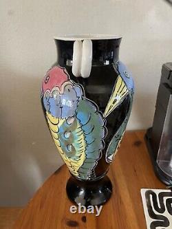 One Of A Kind Art Deco Helen Slater Zager Ceramic Vase, Brightly Colored Birds