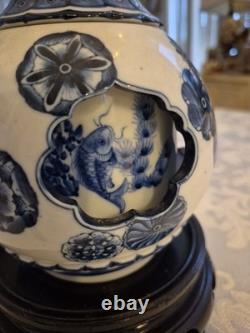 One Of A Kind Blue China Ceramic With base And Top Revolving Showcasing fishes