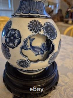 One Of A Kind Blue China Ceramic With base And Top Revolving Showcasing fishes