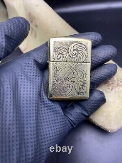 One Of A Kind Hand Engraved skull brushed brass Zippo
