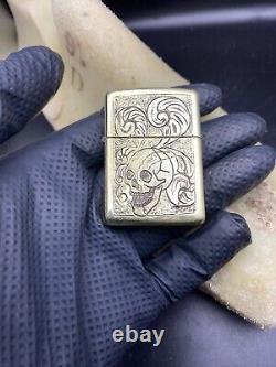 One Of A Kind Hand Engraved skull brushed brass Zippo