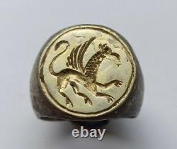 One Of A Kind Late Medieval Silver Gilded Ring Depicting A Griffin 1300-1400 Ad