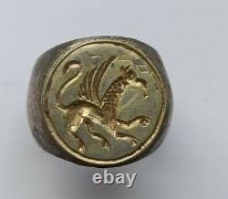 One Of A Kind Late Medieval Silver Gilded Ring Depicting A Griffin 1300-1400 Ad