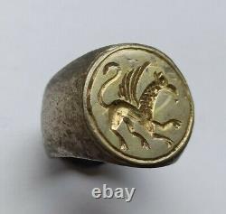 One Of A Kind Late Medieval Silver Gilded Ring Depicting A Griffin 1300-1400 Ad