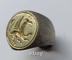 One Of A Kind Late Medieval Silver Gilded Ring Depicting A Griffin 1300-1400 Ad