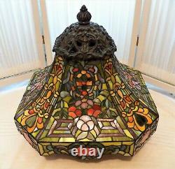 One Of A Kind Leaded Stained Glass Lamp Shade With Mushroom Cap & Large Finial