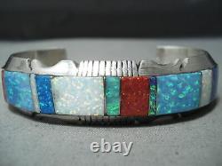 One Of A Kind Navajo Multi Colored Opals Inlay Sterling Silver Bracelet