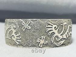 One Of A Kind Navajo Sterling Silver Kokopellis Textured Bracelet