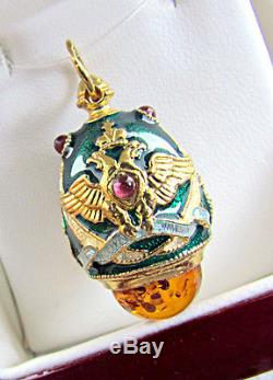 One Of A Kind Solid Sterling Silver 925 & 24k Gold Russian Enamel Egg Pendant