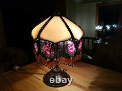 One-Of-A-Kind Vintage Artisan 13 SLAG GLASS Table Lamp with Beaded Glass Shade