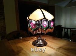 One-Of-A-Kind Vintage Artisan 13 SLAG GLASS Table Lamp with Beaded Glass Shade