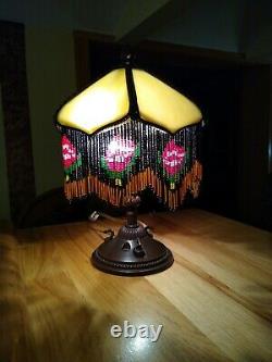 One-Of-A-Kind Vintage Artisan 13 SLAG GLASS Table Lamp with Beaded Glass Shade