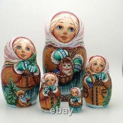 One of Kind Nesting Doll Girl w Cat & Teddy Bear Hand Painted Museum Quality Set