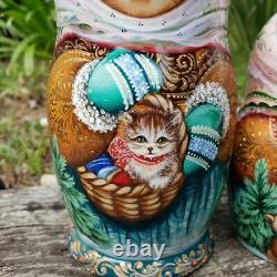 One of Kind Nesting Doll Girl w Cat & Teddy Bear Hand Painted Museum Quality Set