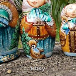 One of Kind Nesting Doll Girl w Cat & Teddy Bear Hand Painted Museum Quality Set