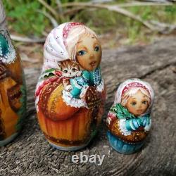 One of Kind Nesting Doll Girl w Cat & Teddy Bear Hand Painted Museum Quality Set