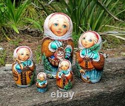 One of Kind Nesting Doll Girl w Cat & Teddy Bear Hand Painted Museum Quality Set