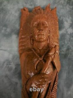 One of a Kind Collectable 3D Hand Carved Indian Warrior Chief, Solid Santol Wood