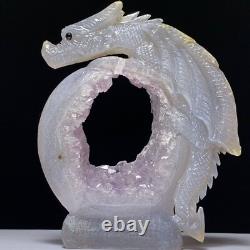 One of a Kind Natural Hand Carved Geode Druzy Quartz Crystal Dragon
