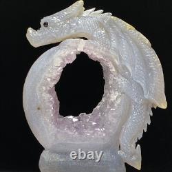 One of a Kind Natural Hand Carved Geode Druzy Quartz Crystal Dragon