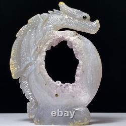 One of a Kind Natural Hand Carved Geode Druzy Quartz Crystal Dragon