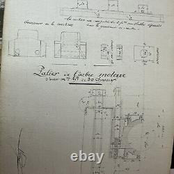 One of a Kind Rare 1883 French Engineering Students Mechanical Drawings