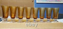 One-of-a-Kind, Rare 8x Amber Hand Blown Seed Bubble Glass Goblets Clear Stem