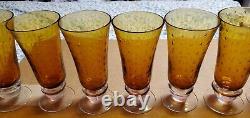 One-of-a-Kind, Rare 8x Amber Hand Blown Seed Bubble Glass Goblets Clear Stem