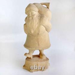 One-of-a-Kind Santa Claus carrying Bag on Stoop Wood Carved Figurine 14 by G. De