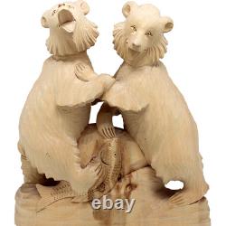 One-of-a-Kind Two Little Bears with Fish Wood Carved Figurine 11.5 Nature Woo